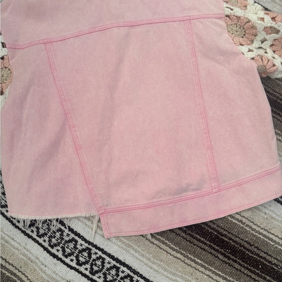 BIBI Pink Washed Denim Jacket Crochet Granny Square Sleeves Boho Cowgirl SZ SM - Picture 10 of 16